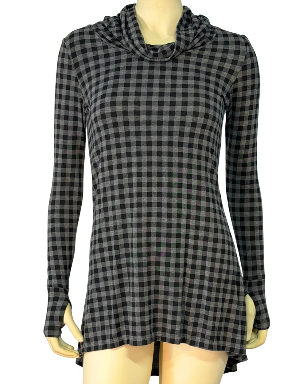 Cuddl Duds Softwear Sz S Cowl Neck Tunic Lounge Dress Black Plaid Long Sleeve